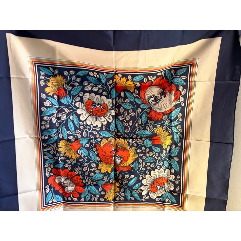 VINTAGE Italian Navy Blue & Red Floral Scarf 🇮🇹